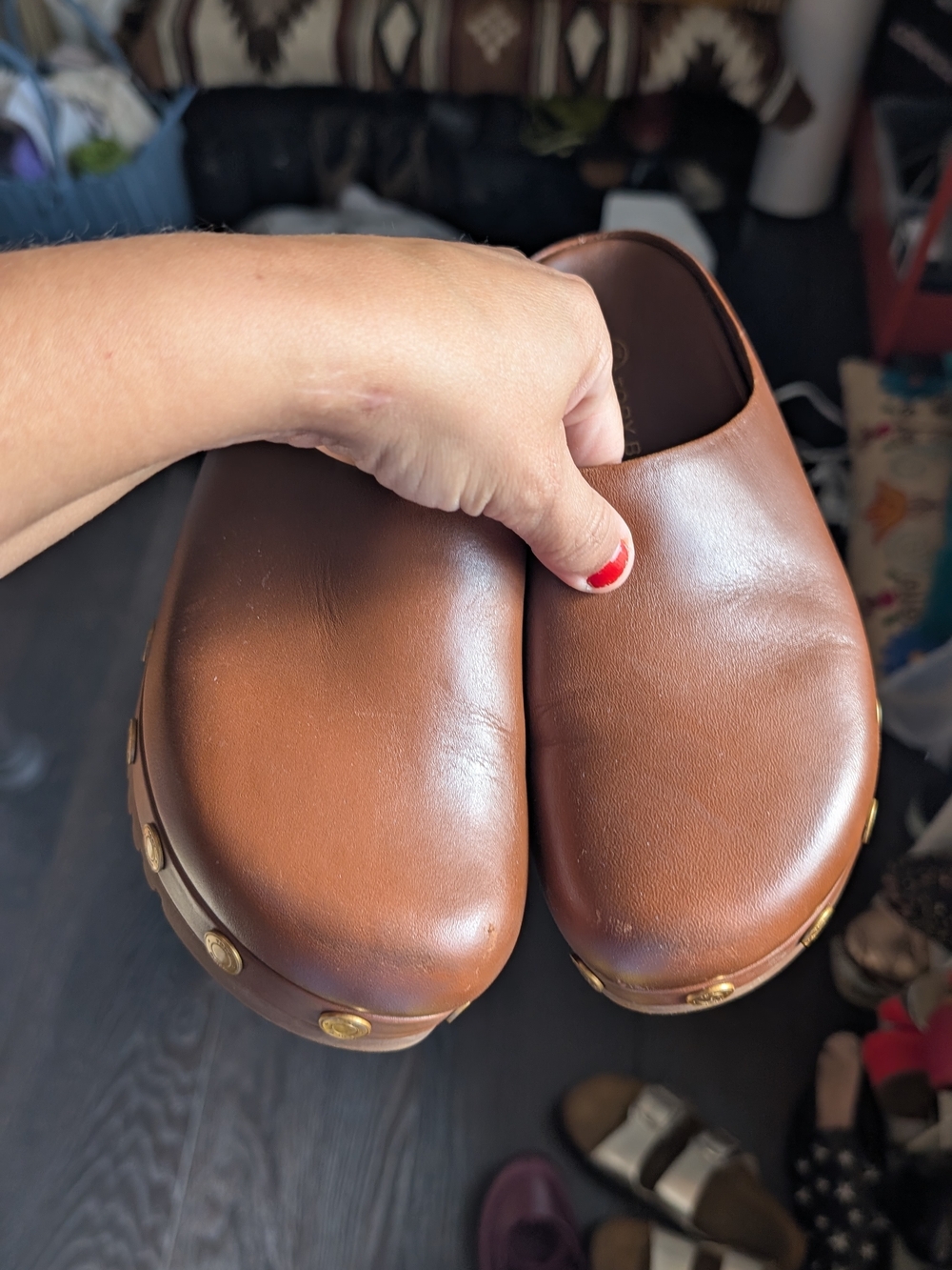 Tory Burch Brown Leather Clog Mules With Gold Medallion Studs - Picture 4 of 6